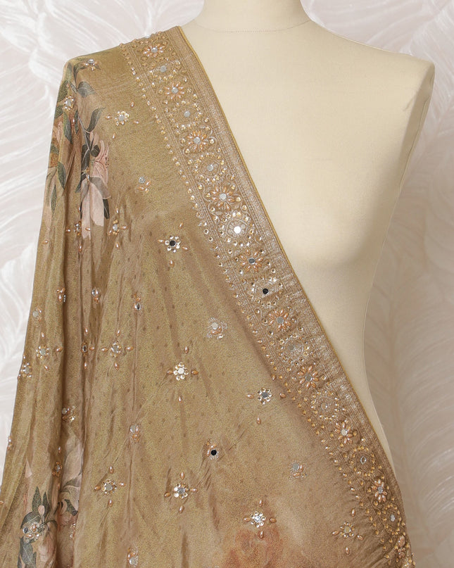 Beige Floral Embellished Synthetic Brocade Premium Dupatta 225x80 cm-D19066