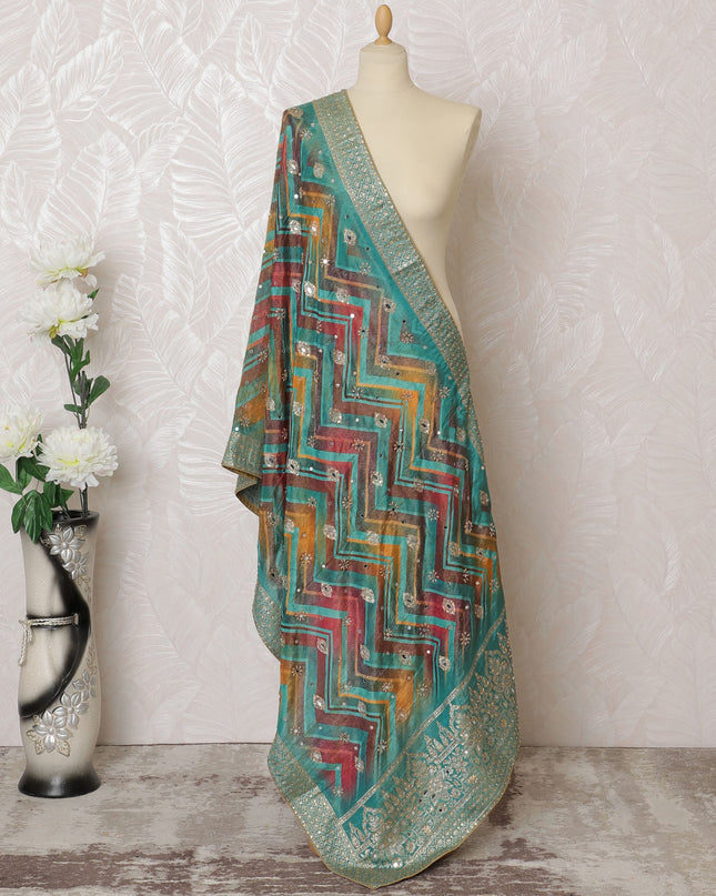 Teal and Multicolor Geometric Synthetic Brocade Premium Dupatta 225x80 cm-D19067