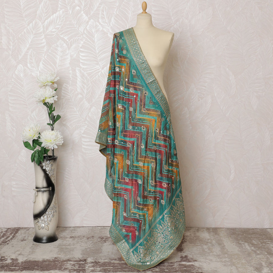 Teal and Multicolor Geometric Synthetic Brocade Premium Dupatta 225x80 cm-D19067