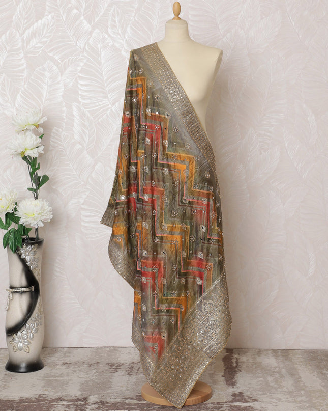 Silver and Earth Tone Geometric Synthetic Brocade Premium Dupatta 225x80 cm-D19068