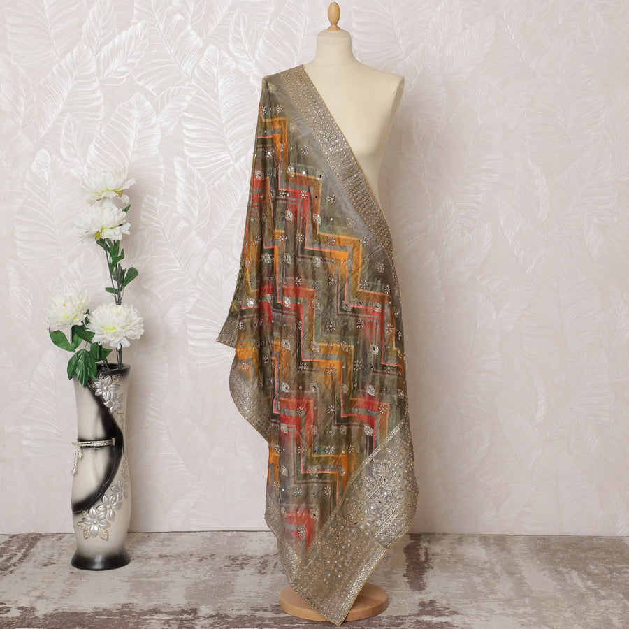 Silver and Earth Tone Geometric Synthetic Brocade Premium Dupatta 225x80 cm-D19068