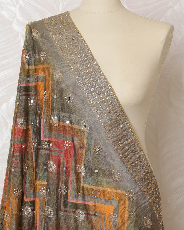 Silver and Earth Tone Geometric Synthetic Brocade Premium Dupatta 225x80 cm-D19068