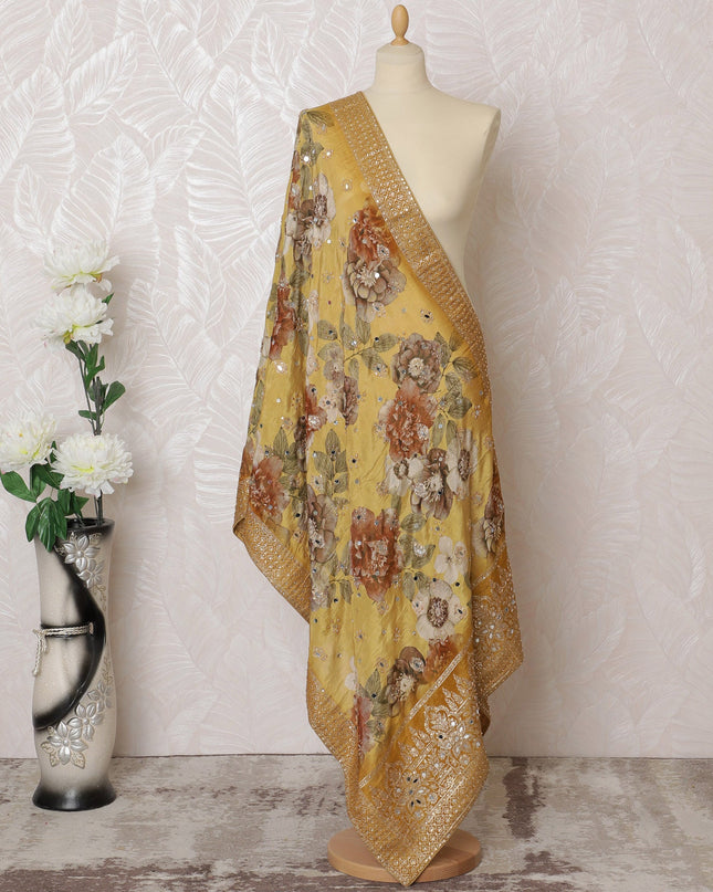 Golden Yellow Floral Synthetic Brocade Premium Dupatta 225x80 cm-D19069