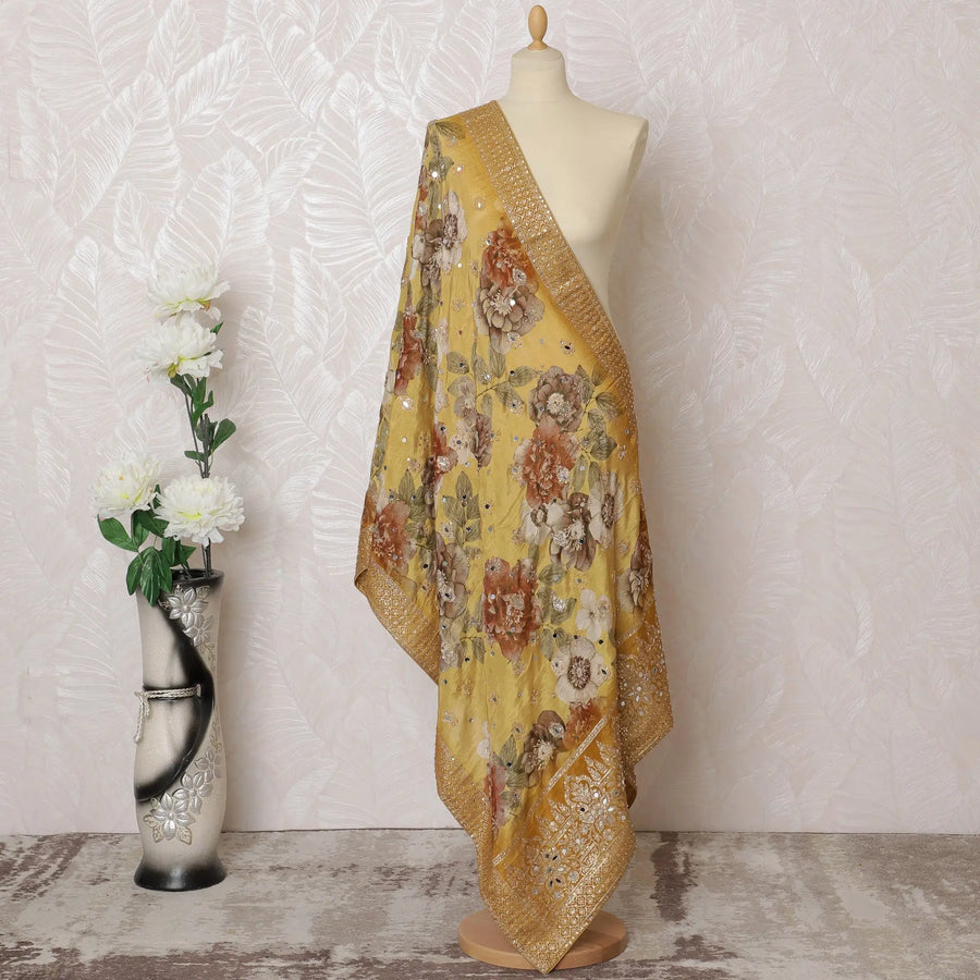 Golden Yellow Floral Synthetic Brocade Premium Dupatta 225x80 cm-D19069 Regal Fabrics