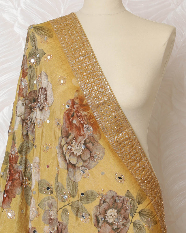 Golden Yellow Floral Synthetic Brocade Premium Dupatta 225x80 cm-D19069