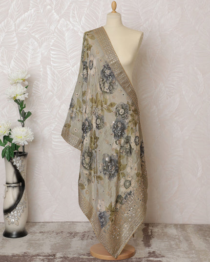 Silver Grey Floral Synthetic Brocade Premium Dupatta 225x80 cm-D19070