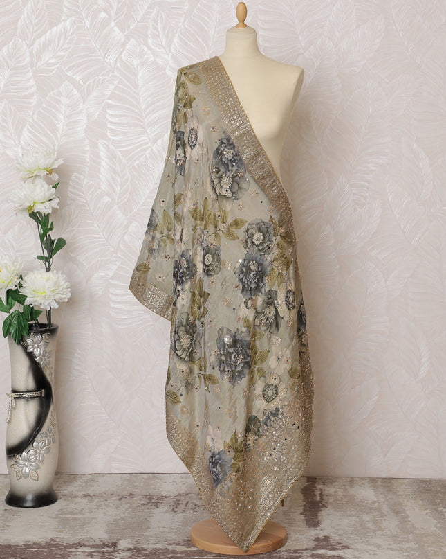 Silver Grey Floral Synthetic Brocade Premium Dupatta 225x80 cm-D19070