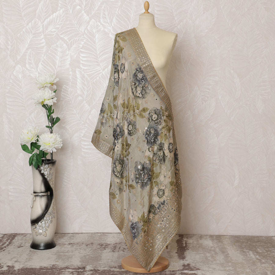 Silver Grey Floral Synthetic Brocade Premium Dupatta 225x80 cm-D19070