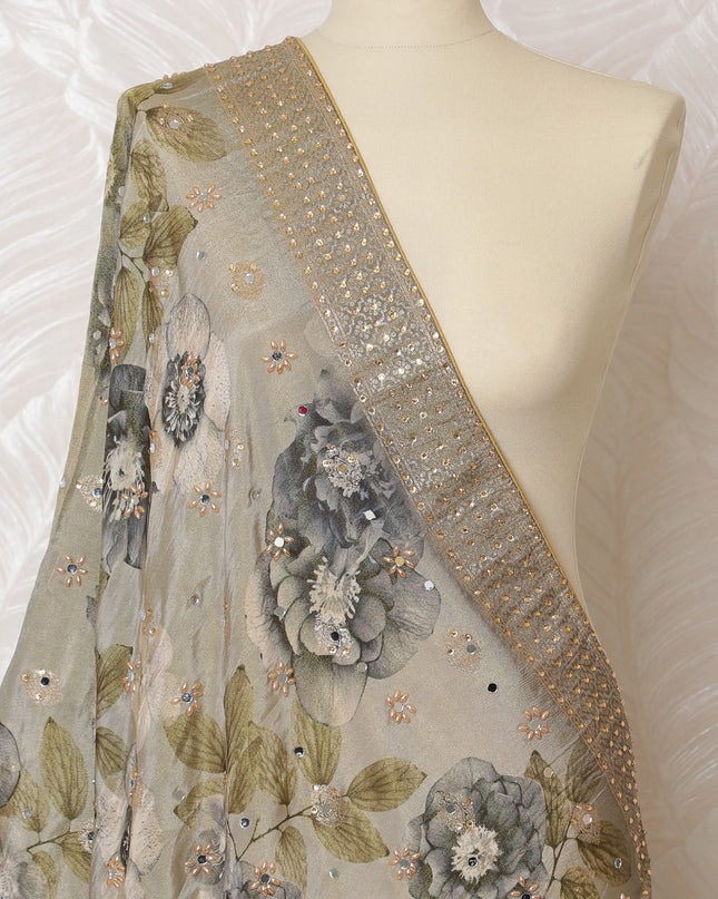 Silver Grey Floral Synthetic Brocade Premium Dupatta 225x80 cm-D19070