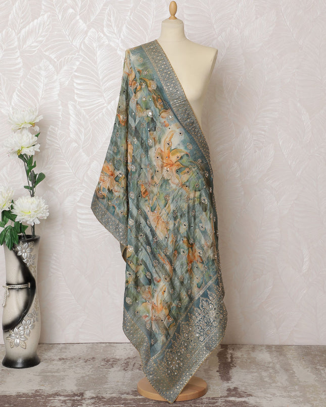 Aquamarine and Orange Floral Synthetic Brocade Premium Dupatta 225x80 cm-D19071