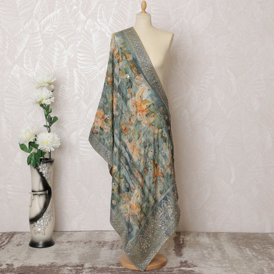 Aquamarine and Orange Floral Synthetic Brocade Premium Dupatta 225x80 cm-D19071