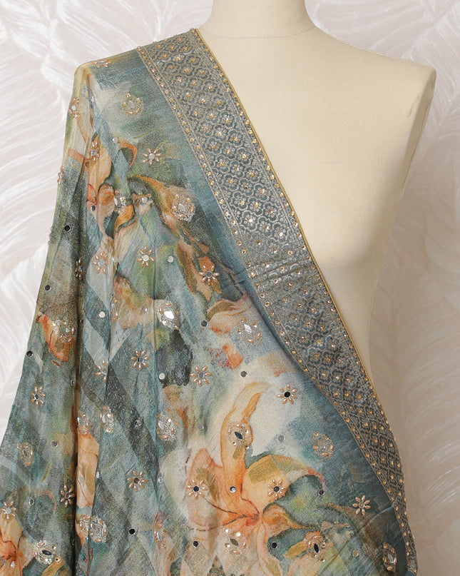 Aquamarine and Orange Floral Synthetic Brocade Premium Dupatta 225x80 cm-D19071