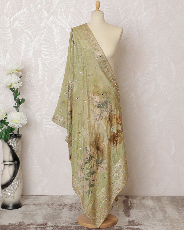 Sage Green Floral Embellished Synthetic Brocade Premium Dupatta 225x80 cm-D19072