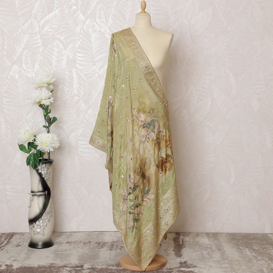 Sage Green Floral Embellished Synthetic Brocade Premium Dupatta 225x80 cm-D19072