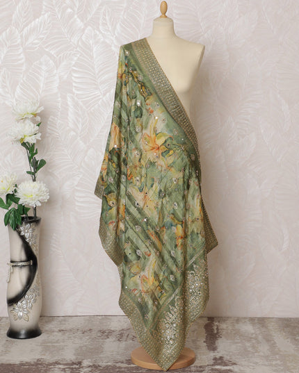 Olive Green Floral and Sequin Synthetic Brocade Premium Dupatta 225x80 cm-D19073