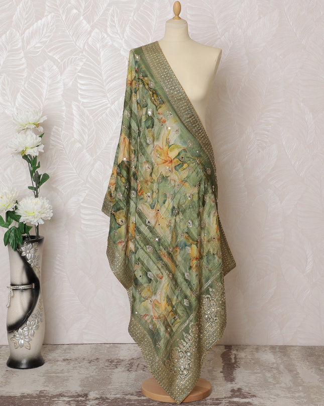 Olive Green Floral and Sequin Synthetic Brocade Premium Dupatta 225x80 cm-D19073