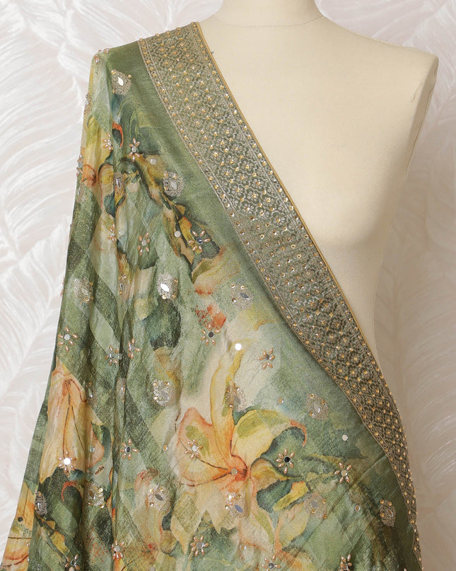 Olive Green Floral and Sequin Synthetic Brocade Premium Dupatta 225x80 cm-D19073