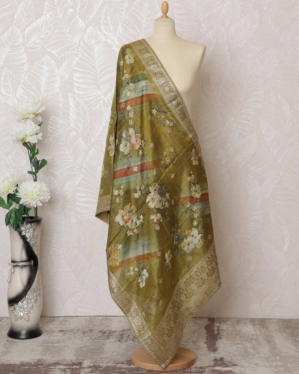 Golden Olive Floral Stripe Synthetic Brocade Dupatta 225x80 cm-D19074