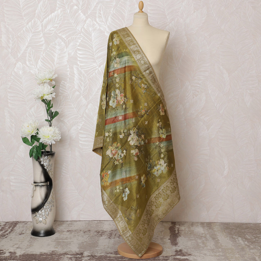 Golden Olive Floral Stripe Synthetic Brocade Dupatta 225x80 cm-D19074