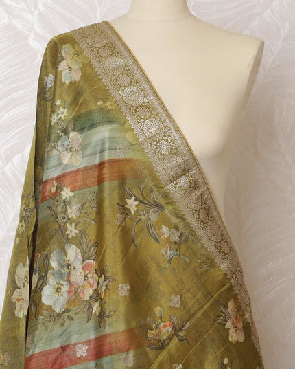 Golden Olive Floral Stripe Synthetic Brocade Dupatta 225x80 cm-D19074