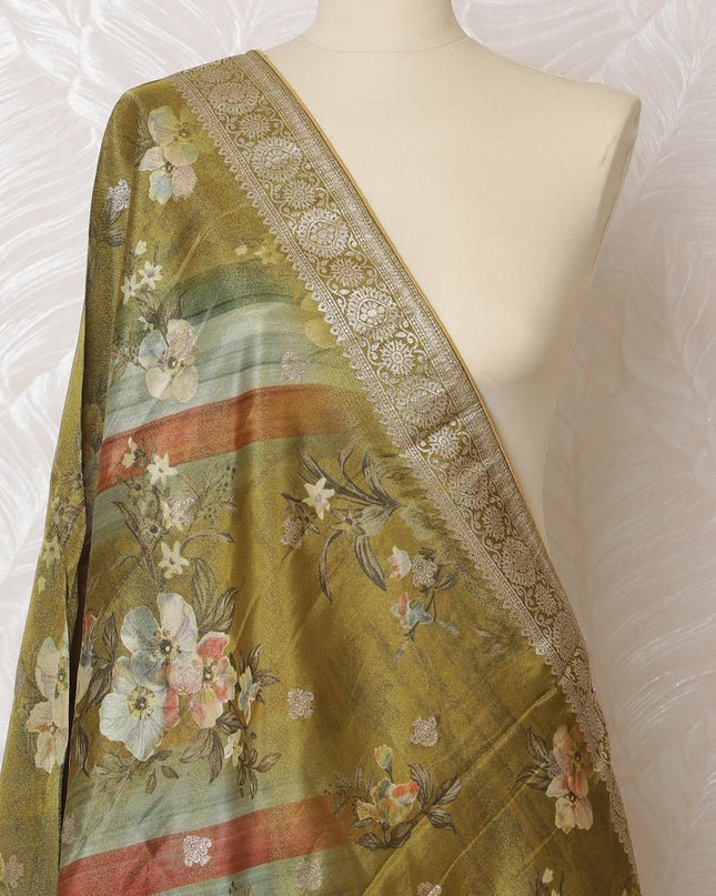 Golden Olive Floral Stripe Synthetic Brocade Dupatta 225x80 cm-D19074