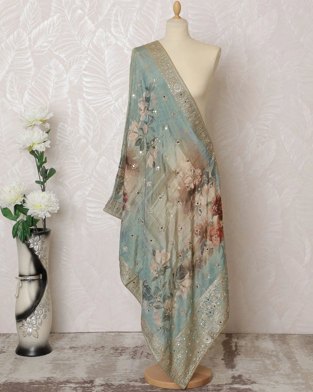 Sea Blue Floral Embellished Synthetic Brocade Premium Dupatta 225x80 cm-D19075 Regal Fabrics