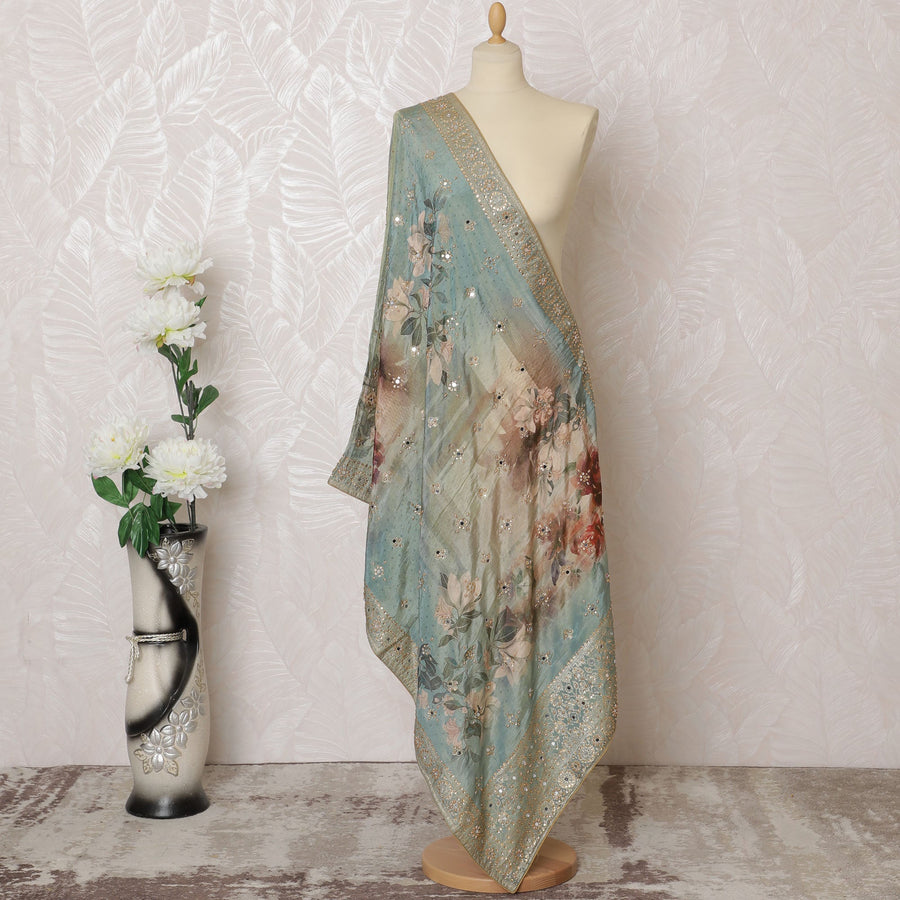 Sea Blue Floral Embellished Synthetic Brocade Premium Dupatta 225x80 cm-D19075 Regal Fabrics