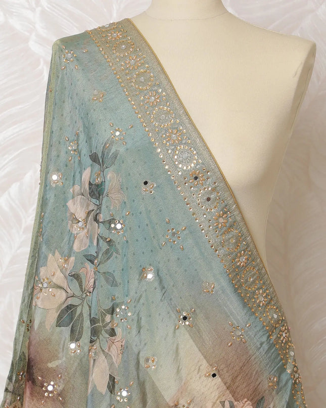 Sea Blue Floral Embellished Synthetic Brocade Premium Dupatta 225x80 cm-D19075 Regal Fabrics