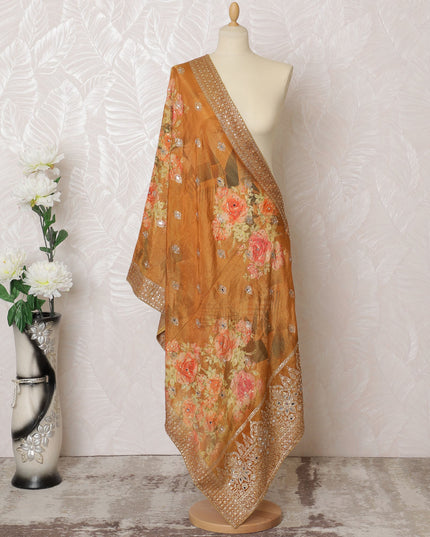 Burnt Orange Floral Sequined Synthetic Brocade Premium Dupatta 225x80 cm-D19076