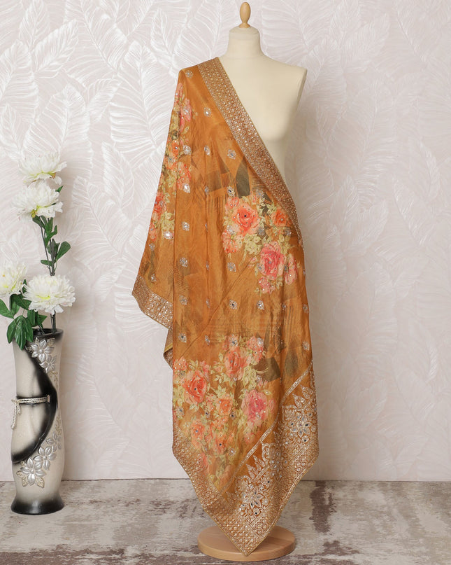 Burnt Orange Floral Sequined Synthetic Brocade Premium Dupatta 225x80 cm-D19076