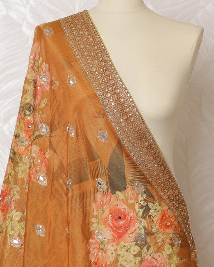 Burnt Orange Floral Sequined Synthetic Brocade Premium Dupatta 225x80 cm-D19076