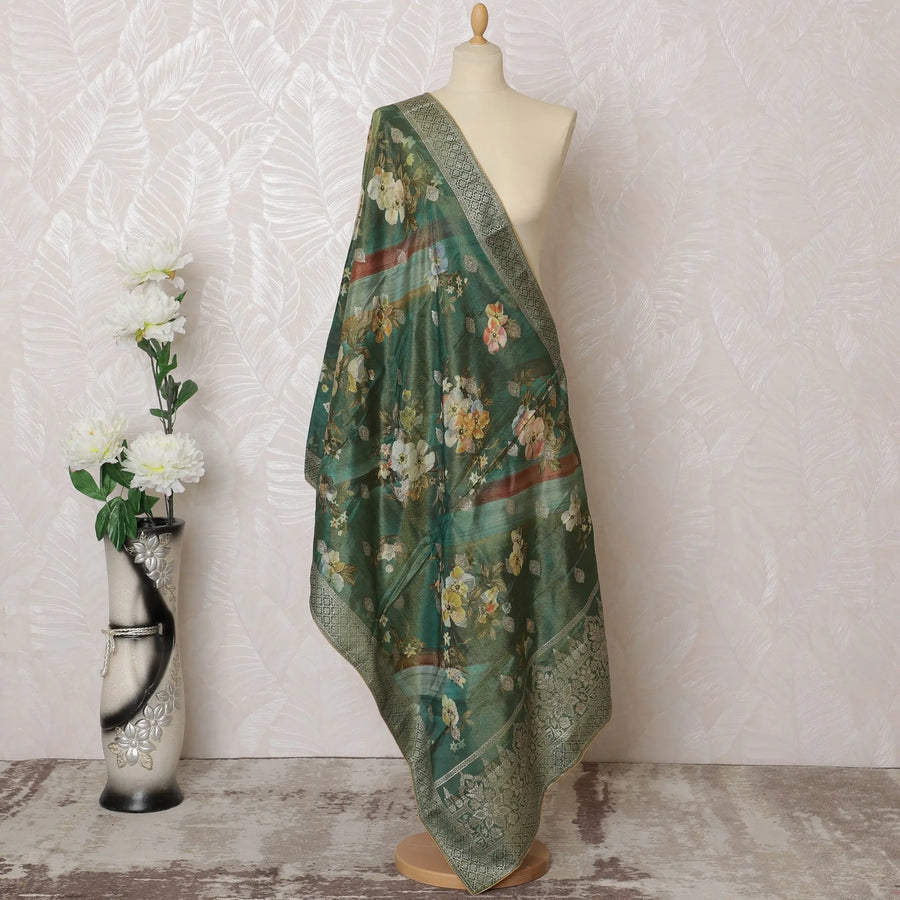 Emerald Green Floral Lace Synthetic Brocade Dupatta 225x80 cm-D19077 Regal Fabrics