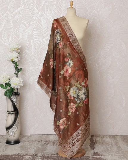 Rust Red Floral Lace Border Synthetic Brocade Dupatta 225x80 cm-D19078