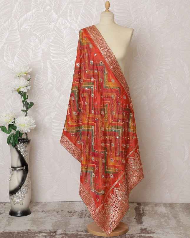 Vibrant Red Geometric Embellished Synthetic Brocade Premium Dupatta 225x80 cm-D19079