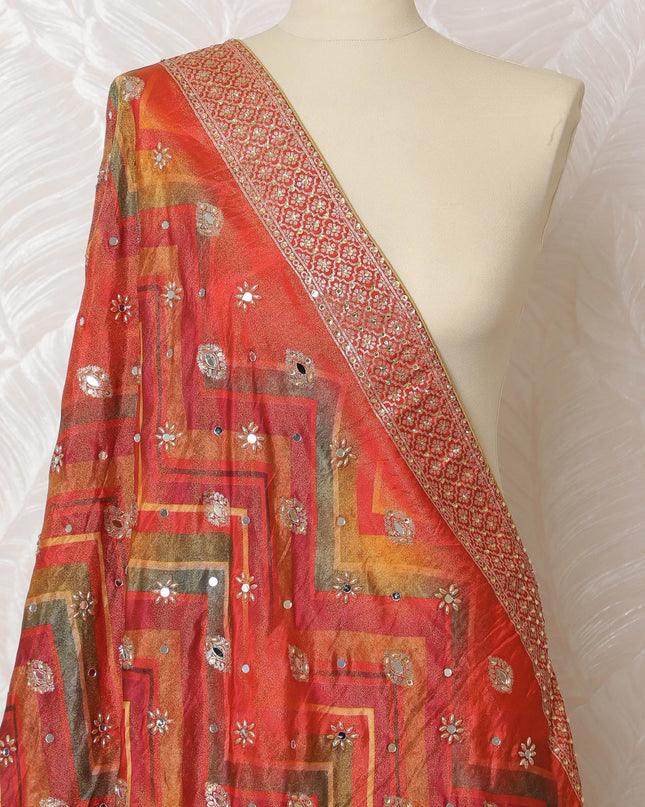 Vibrant Red Geometric Embellished Synthetic Brocade Premium Dupatta 225x80 cm-D19079