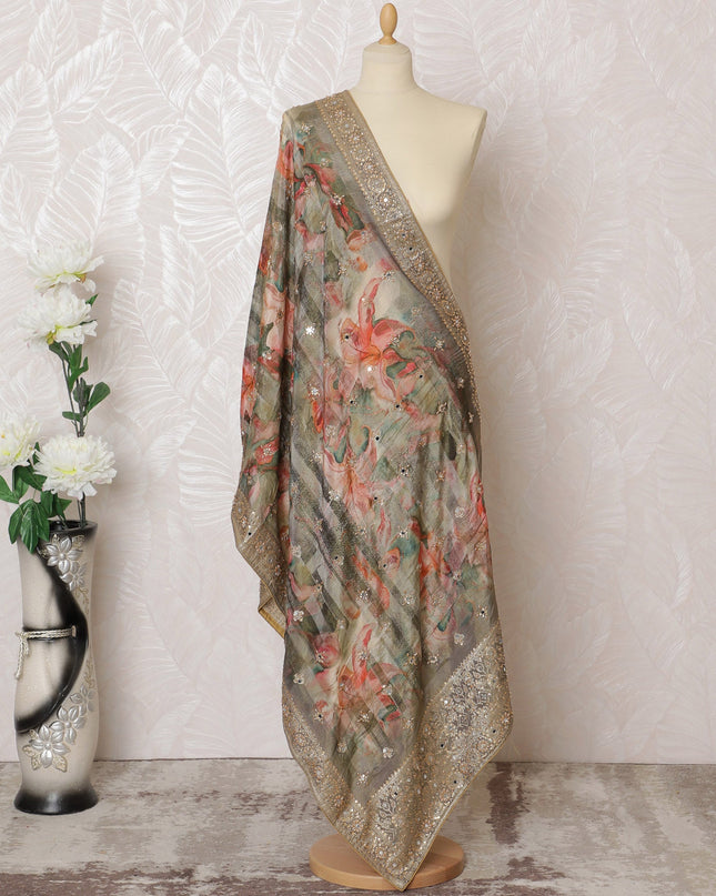 Soft Grey Floral Embellished Synthetic Brocade Premium Dupatta 225x80 cm-D19080