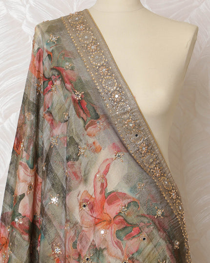 Soft Grey Floral Embellished Synthetic Brocade Premium Dupatta 225x80 cm-D19080