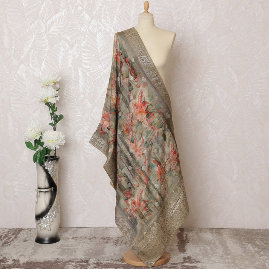 Charcoal Grey Floral Lace Synthetic Brocade Dupatta 225x80 cm-D19081