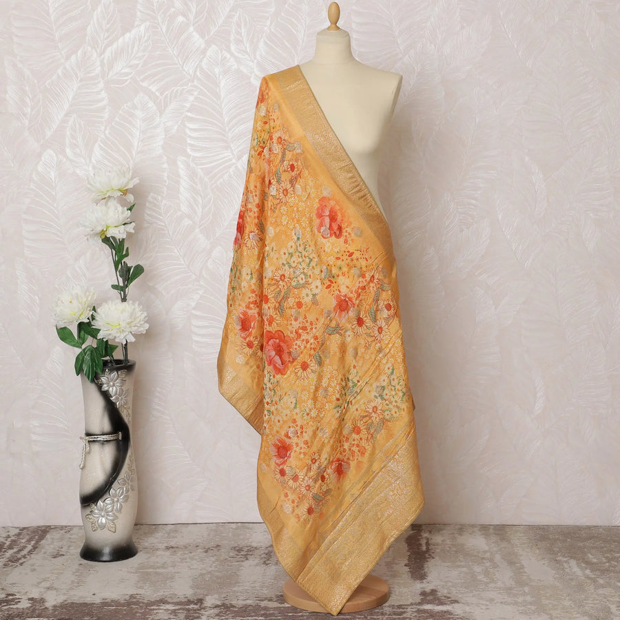 Golden Yellow Floral Synthetic Brocade Dupatta 225x80 cm-D19082 Regal Fabrics
