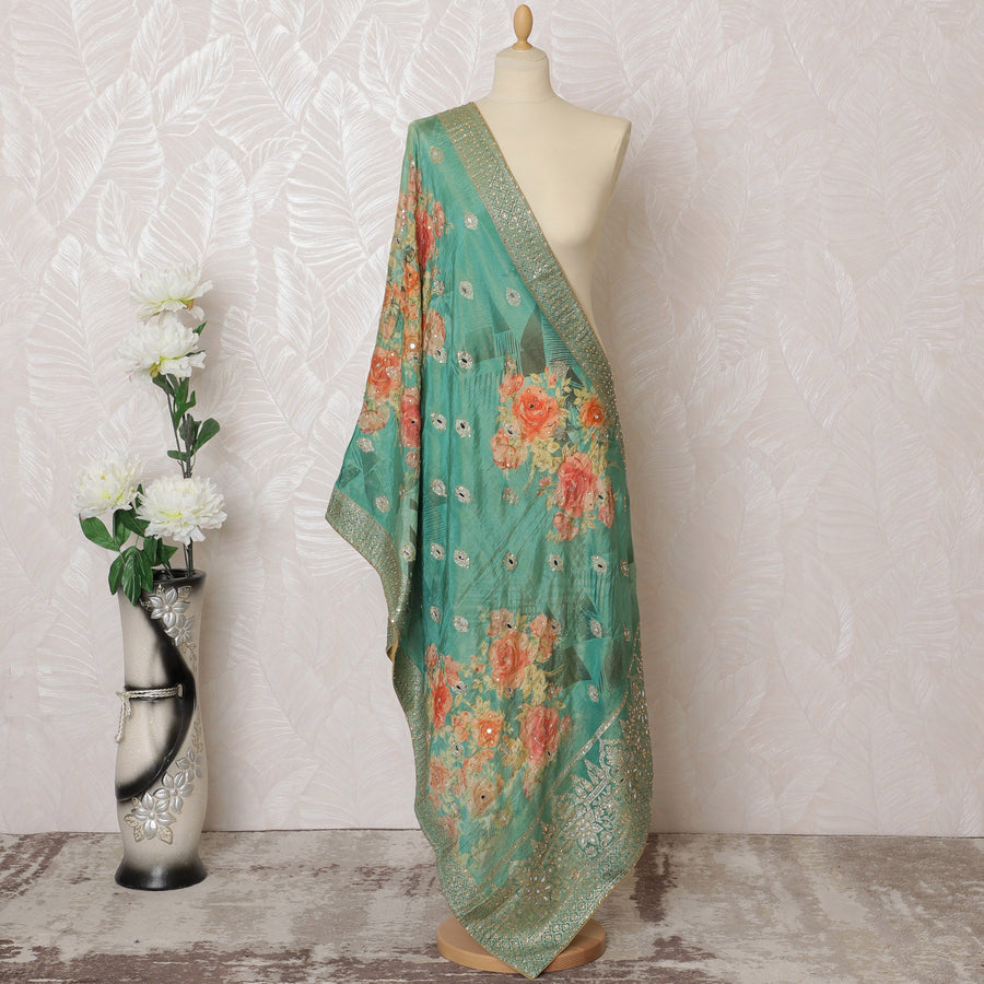 دوباتا فاخرة من الديباج الصناعي مزين بالزهور باللون الأخضر المخضر 225x80 سم-D19083