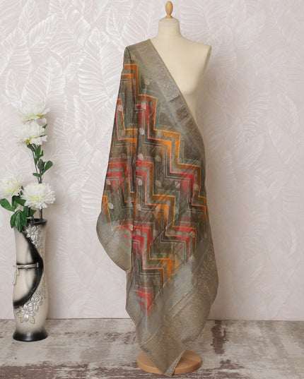 Geometric Brocade Dupatta with Silver Border - 225x80 cm, Crafted in India-D19087