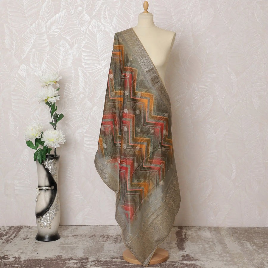 Geometric Brocade Dupatta with Silver Border - 225x80 cm, Crafted in India-D19087 Regal Fabrics