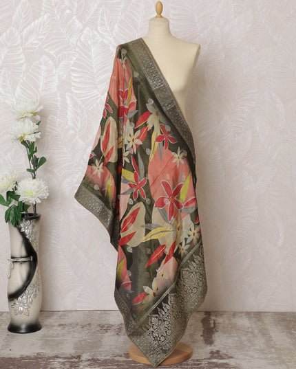 Tropical Bloom Brocade Dupatta with Olive Green Base - 225x80 cm, Crafted in India-D19088