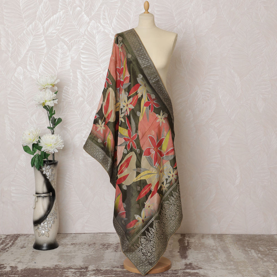 Tropical Bloom Brocade Dupatta with Olive Green Base - 225x80 cm, Crafted in India-D19088