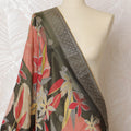 Tropical Bloom Brocade Dupatta with Olive Green Base - 225x80 cm, Crafted in India-D19088