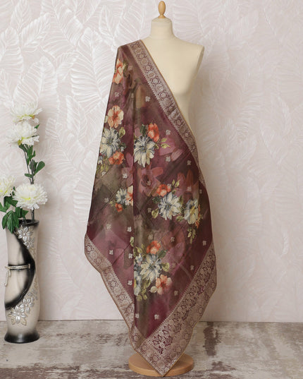 Burgundy Floral Brocade Dupatta with Silver Detailing - 225x80 cm, Crafted in India-D19089