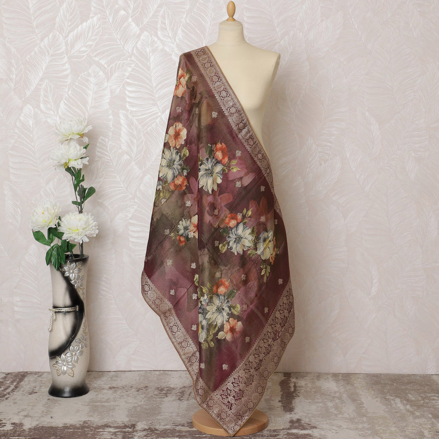 Burgundy Floral Brocade Dupatta with Silver Detailing - 225x80 cm, Crafted in India-D19089