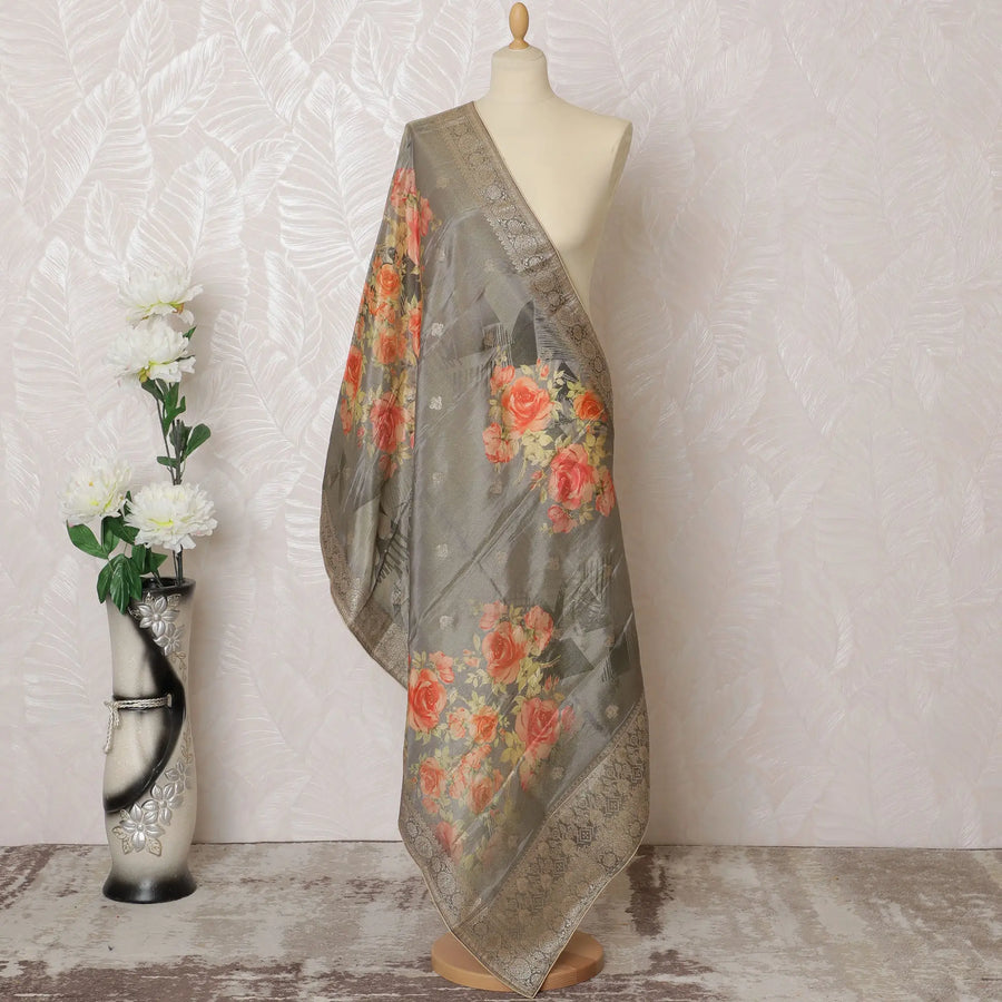 Vintage Rose Brocade Dupatta with Silver Border - 225x80 cm, Made in India-D19093 Regal Fabrics