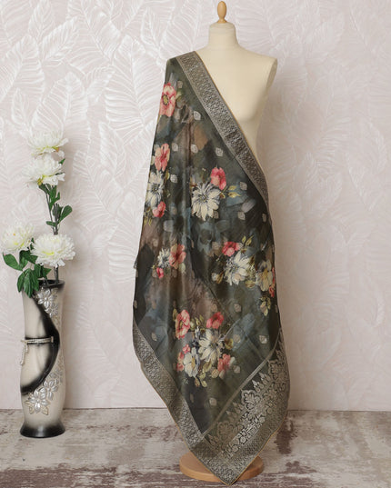 Charcoal Elegance Floral Brocade Dupatta with Silver Accents - 225x80 cm, Crafted in India-D19094