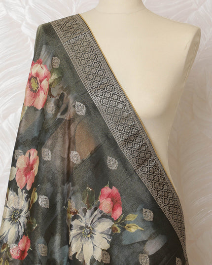 Charcoal Elegance Floral Brocade Dupatta with Silver Accents - 225x80 cm, Crafted in India-D19094